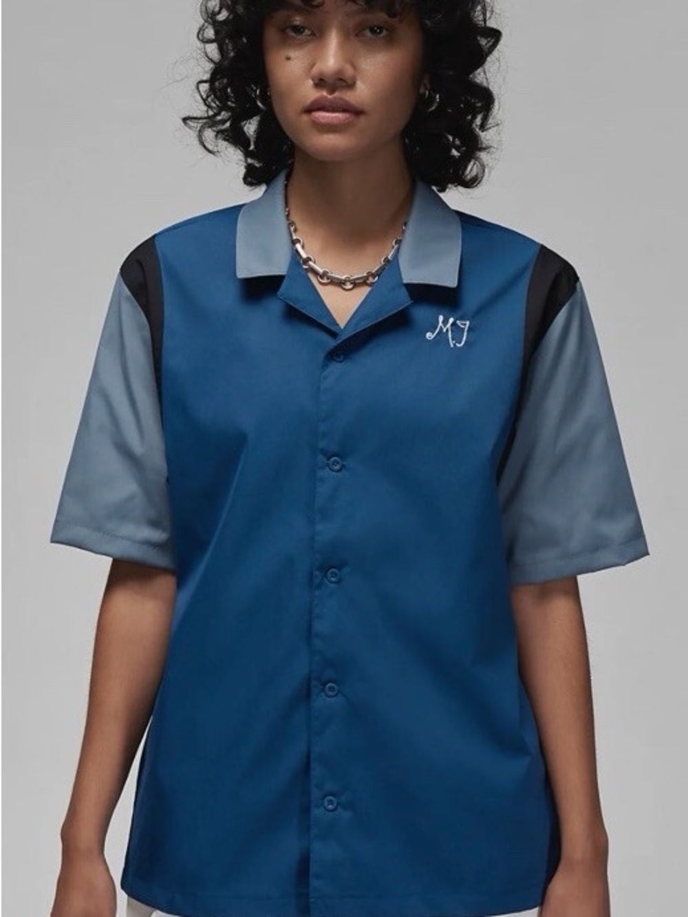Jordan Blue Button Down Shirt with White Embroidered Air Jordan Script
